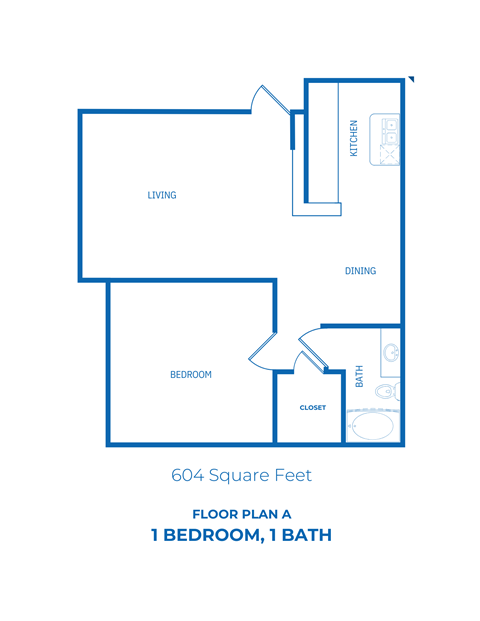 Floor plan for 1 bed, 1 bath, 604 sqft